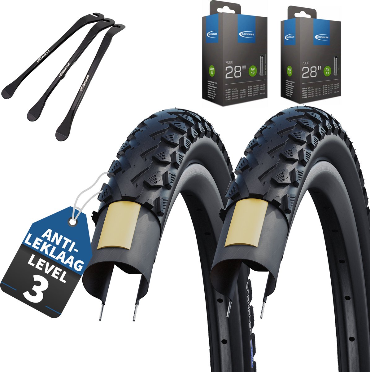 2-delige set Schwalbe fietsbanden Land Cruiser 28 x 1,75 inch (47-622)buitenband, AV Auto-ventiel binnenband + 3 MSZweirad metalen bandenlichters E-bike