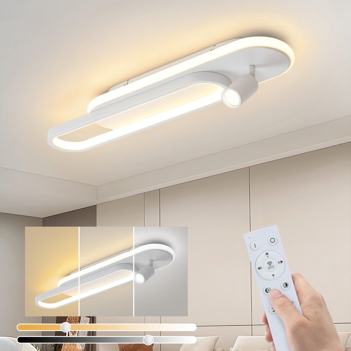 NETTLIFE Plafondlamp LED - ovaal - wit - met 1-Lichts Plafondspot - Dimbaar - 46W - Moderne Plafondverliching - 60cm - voor Slaapkamer | Hal | Woonkamer | Keuken - Zonder Lichtborn - Max.40W