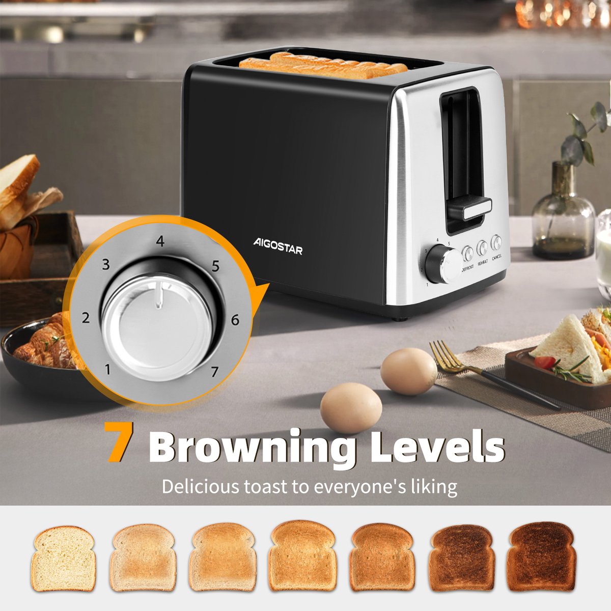 Aigostar 30A49 Delish - Broodrooster - Toaster - 2 Extra Brede Sleuven - 7 Warmteniveaus - Met Externe Grill - Reheat en Ontdooi-functie - 750W - Zwart thumbnail 2