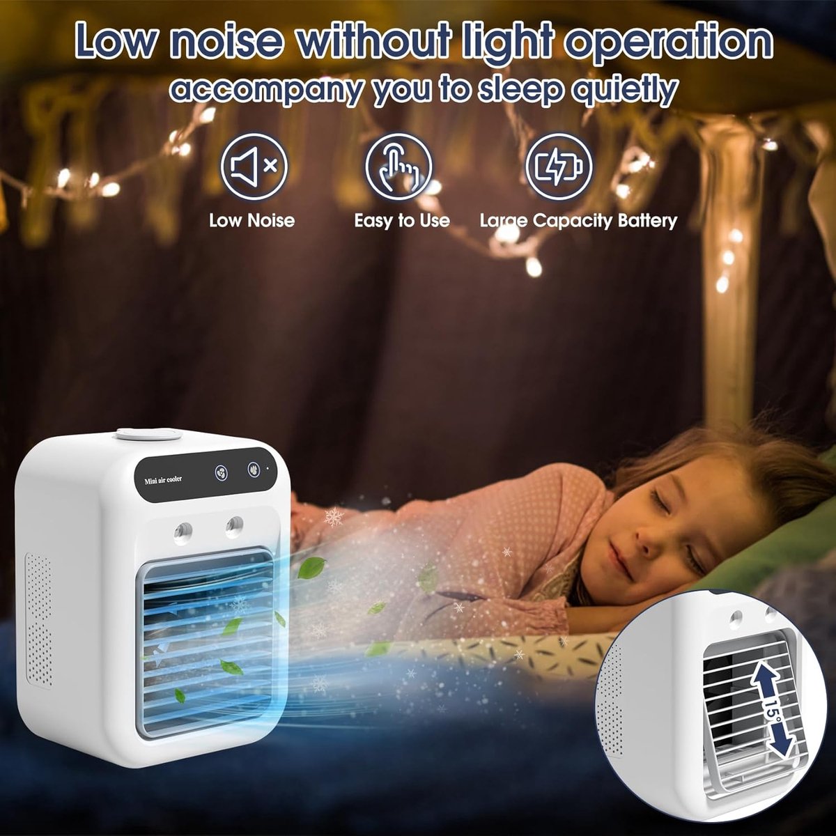 mobiele airco-Mobiele airco zonder afvoer-mobiele airco voor slaapkamer-mobiele airco met waterbak -25W Mini draagbare airconditioner - 2 koele luchtstralen - 2 snelheden persoonlijke koelventilator - voor slaapkamer, kantoor, buiten – foto 6