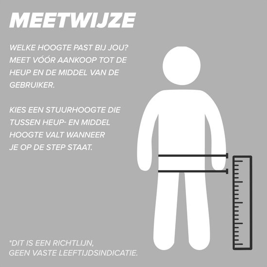 Illustratie van een persoon met maataanduiding bij heup en middel. "MEETWIJZE WELKE HOOGTE PAST BIJ JOU?"