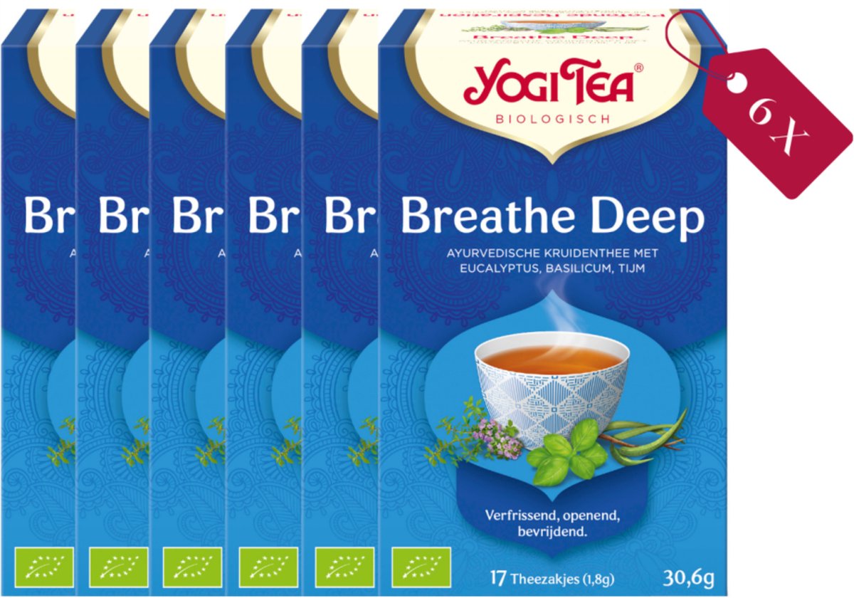 Yogi Tea Breathe Deep - Biologische Kruidenthee met Tijm, Eucalyptus en Zoethout voor Ademhaling en Ontspanning - Tray van 6 Stuks