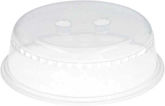 Transparant magnetron deksel met twee handvatten en geribbelde rand, staand.