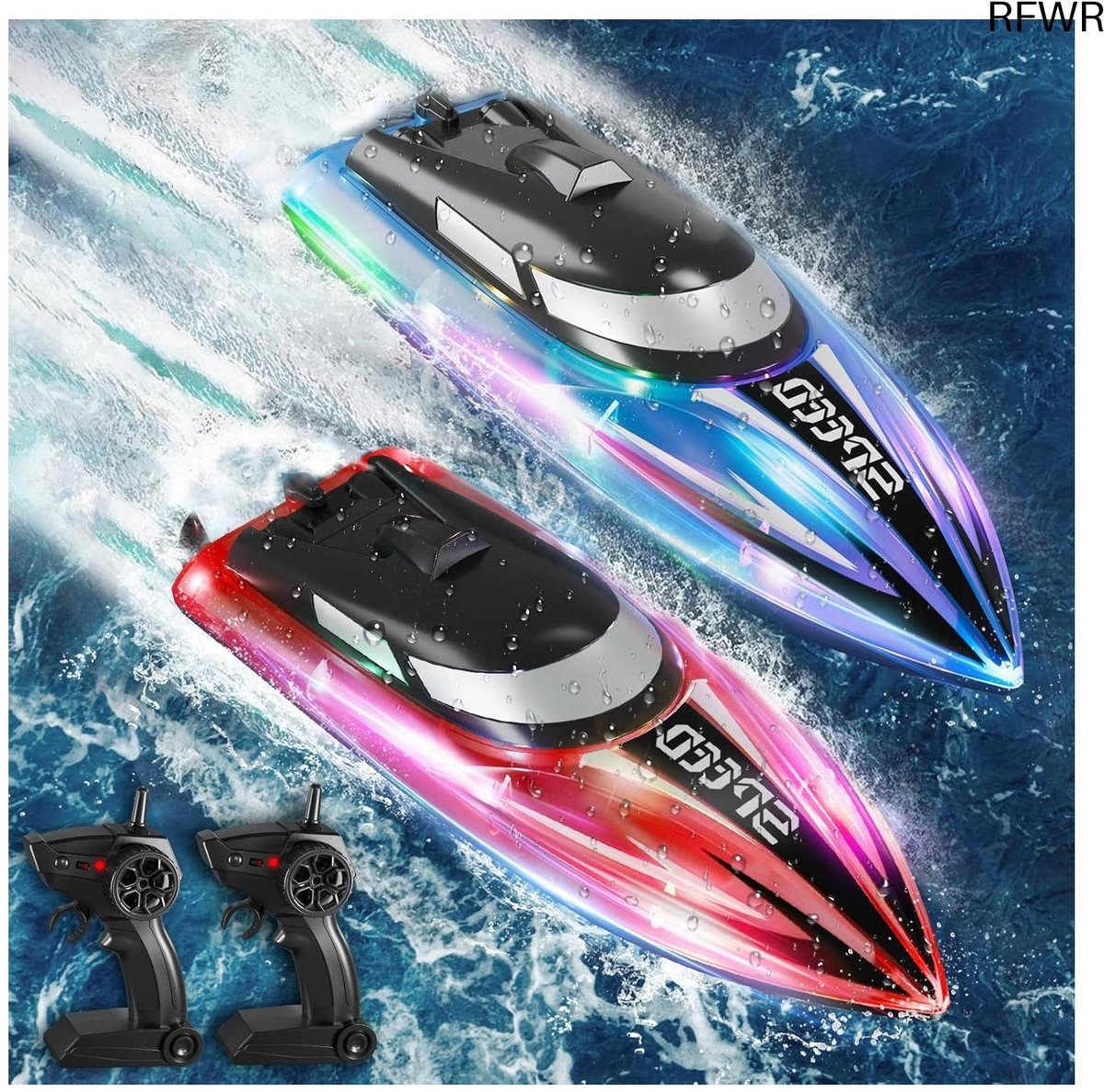 RFWR® Op afstand bestuurde boot met LED-lampjes - 2 stuks, ideaal voor zwembaden en meren, RC speedboot met lange batterijduur