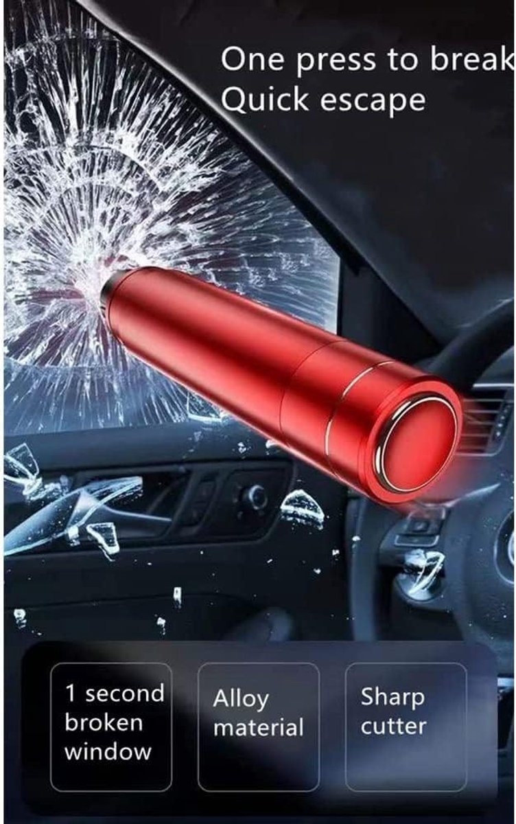 Raambreker - 2-pack autoveiligheidshamer nooduitganggereedschap - Auto-ruitbreker van één seconde - Gordelsnijder - Autoglasbreker - Levensreddend noodartefact (rood ) thumbnail 6