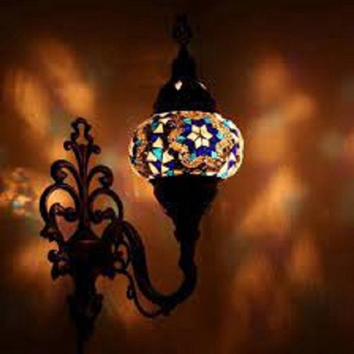 Oosterse Lamp - Wandlamp Mozaïek - Blauw en Wit - Ø 15 cm - Hoogte 28 cm - Handgemaakt