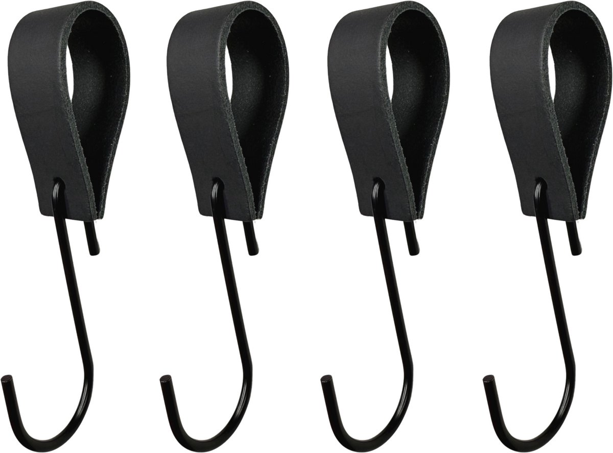 Leathergoodz - Leren S-haak hangers - Zwart - 4 stuks - 16 x 2,5 cm - max ø38mm - Leer - handdoekhaakjes - Ophanghaken – kapstokhaak