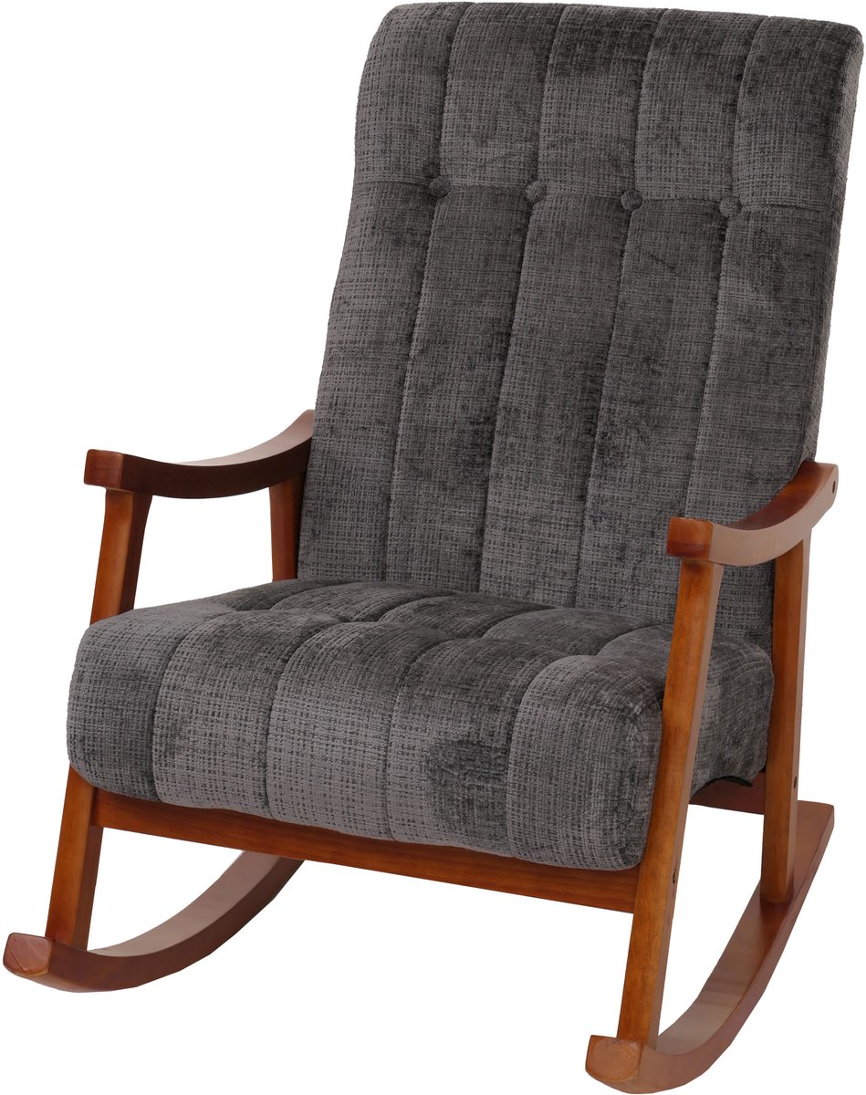 Schommelstoel MCW-K10, relaxfauteuil, hout MVG stof/textiel chenille (465 g/m²) ~ donkergrijs, frame in walnootlook