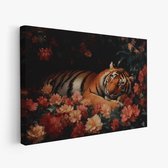 FineArtia - Rustende tijger in bloemenveld - Canvas Schilderij - 150 x 100 cm - Woonkamer Decoratie - Bruin;Roze - Slaapkamer Schilderij - Wanddecoratie