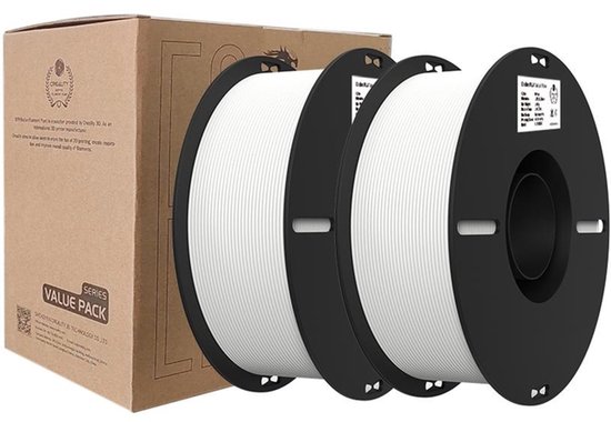 Twee rollen wit PLA 3D-printer filament van 1 kg, naast een Creality-doos.