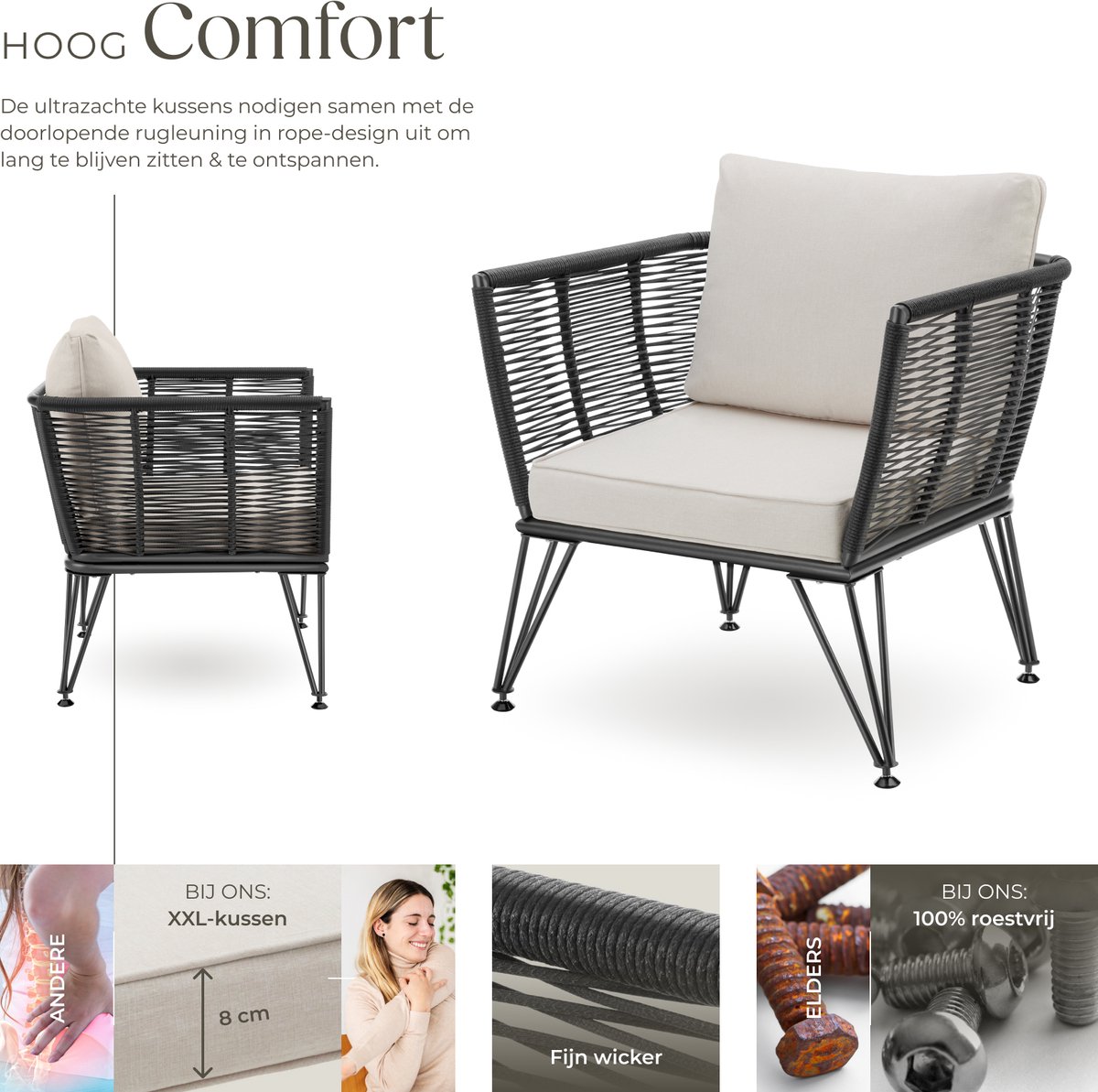 tectake® Loungestoelen Sundo - 4 Fauteuils voor Tuinset, Balkonset of Terras - Wicker Tuinstoelen Set in Rope-Design - Weerbestendig - Inclusief Kussens - Loungestoel Buiten - Loungeset Tuinmeubels thumbnail 4