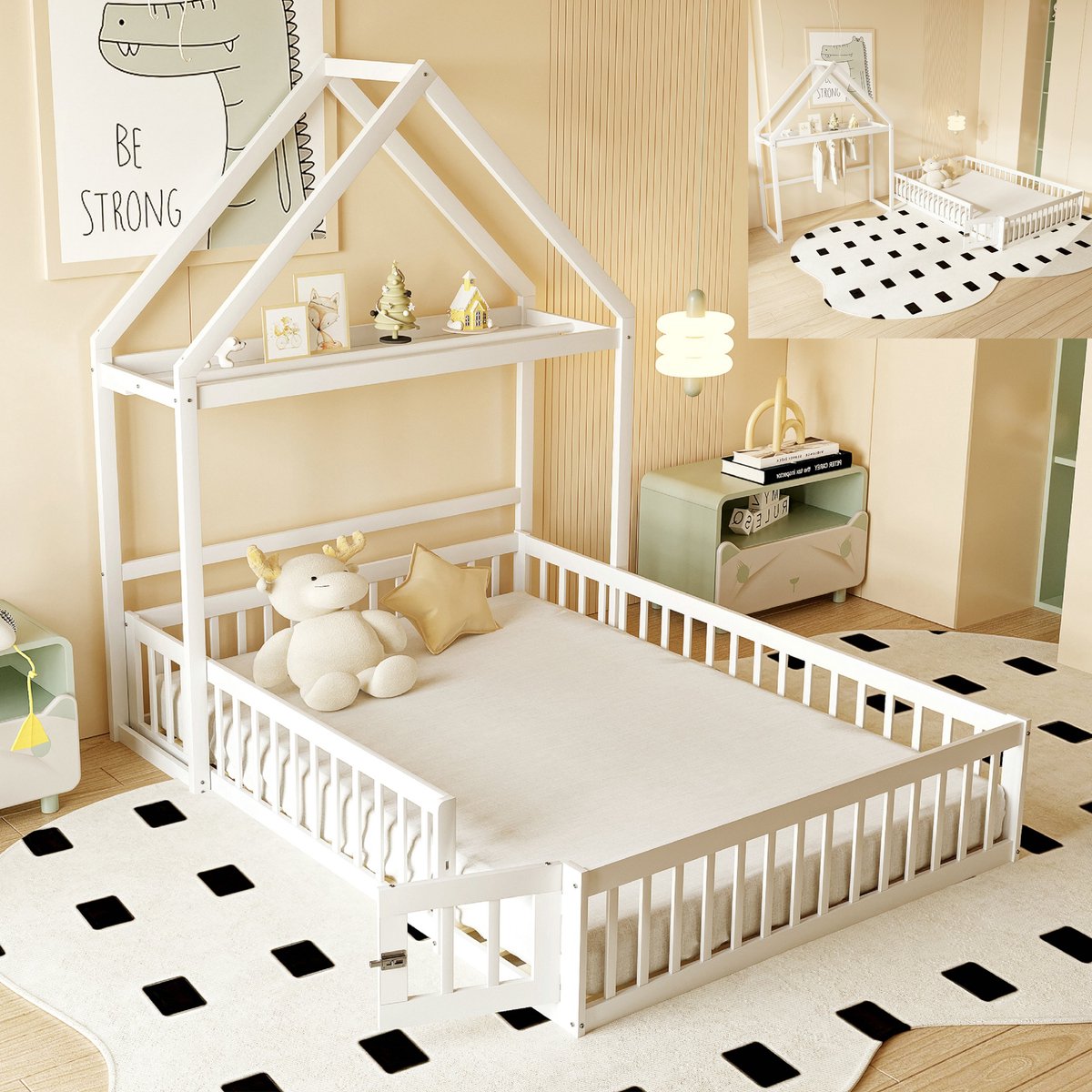 Kinderbed 140 x 200 cm met opbergruimte, volledige beveiliging en deuren, lattenbodem, massief hout, wit(Matras niet inbegrepen)