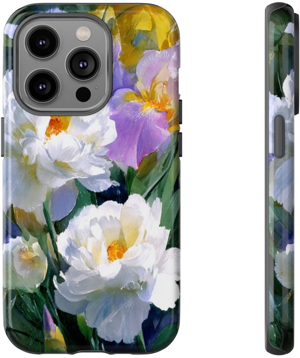 Grote Witte Pioenen en Lila Irissen – Telefoonhoesje Geschikt voor iPhone 14 Pro