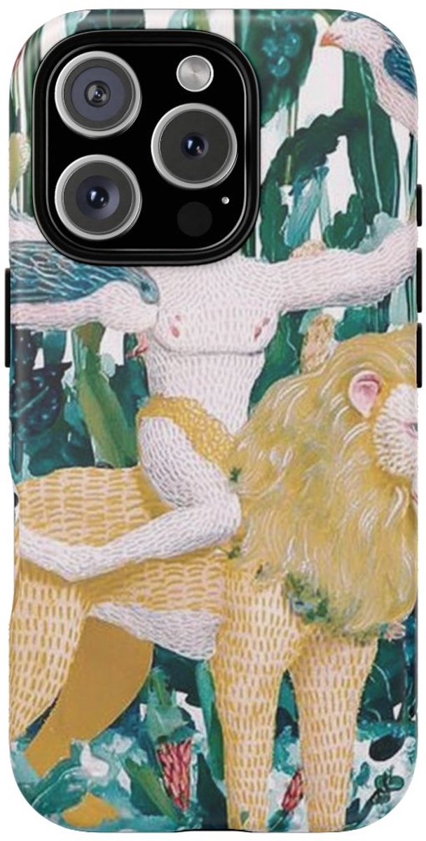 Surrealistische Man met Vogels op Leeuw – Telefoonhoesje Geschikt voor iPhone 16 Pro