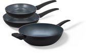 BE Living Pannenset 3-delig - Ø 24 & 28 cm Koekenpan + Ø 32 cm Wokpan - Koekenpannenset - Keramisch - Inductie Pannen - PFAS Vrij Anti Aanbak - Delight Series