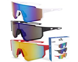 Boncy® Cyclone Zonnebril Heren & Dames - Zonnebrillen 3-Pack - Sunglasses Fietsbril Sportbril Ski - Festival Rave & Party Bril - Fietsbrillen Sportbrillen