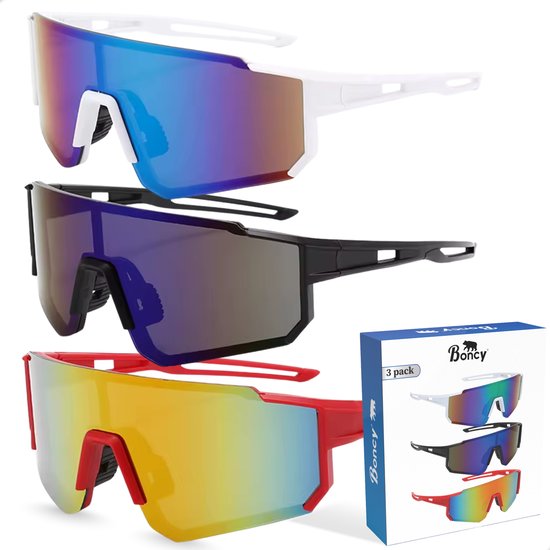 Boncy® Cyclone Zonnebril Heren & Dames - Zonnebrillen 3-Pack - Sunglasses Fietsbril Sportbril Ski - Festival Rave & Party Bril - Fietsbrillen Sportbrillen