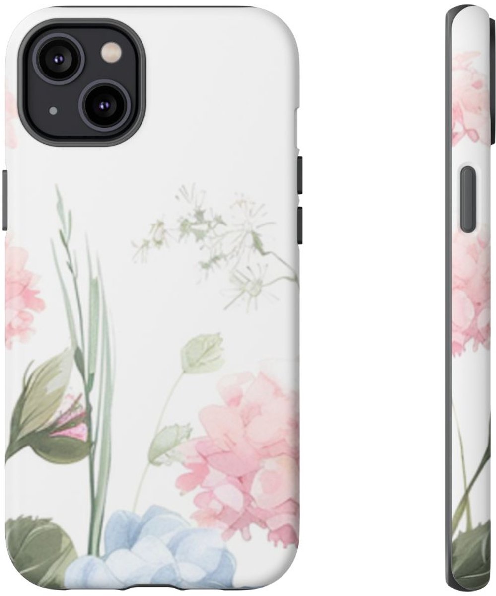 Aquarel Blauwe en Roze Hortensia's – Telefoonhoesje Geschikt voor iPhone 14 Plus