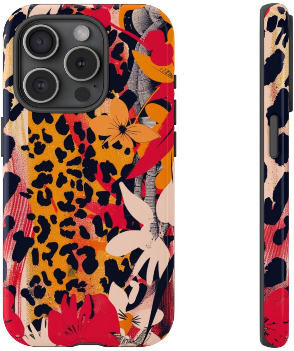 Abstracte Bloemen- en Dierenprint – Telefoonhoesje Geschikt voor iPhone 15 Pro
