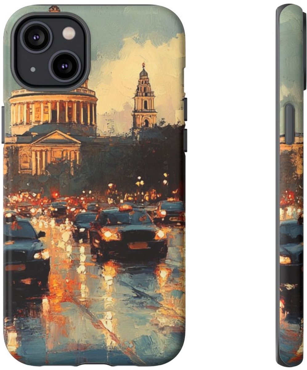 Stadsgezicht met Kathedraal bij Schemering – Telefoonhoesje Geschikt voor iPhone 14 Plus