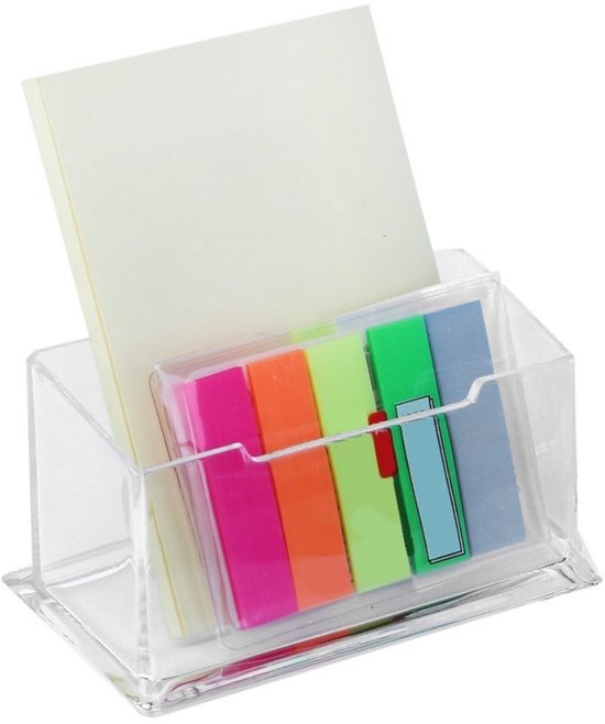 Een transparante houder met lichtgele post-its en gekleurde markeerstiften in roze, oranje, groen en blauw.