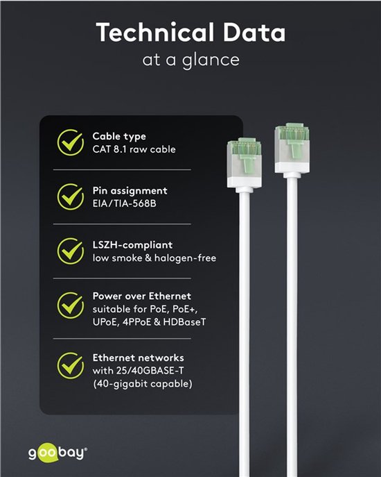 Câble réseau FTP CAT8.1 Slimline 40 Gigabit - CU - Ultraflex - 0 mètre - Wit