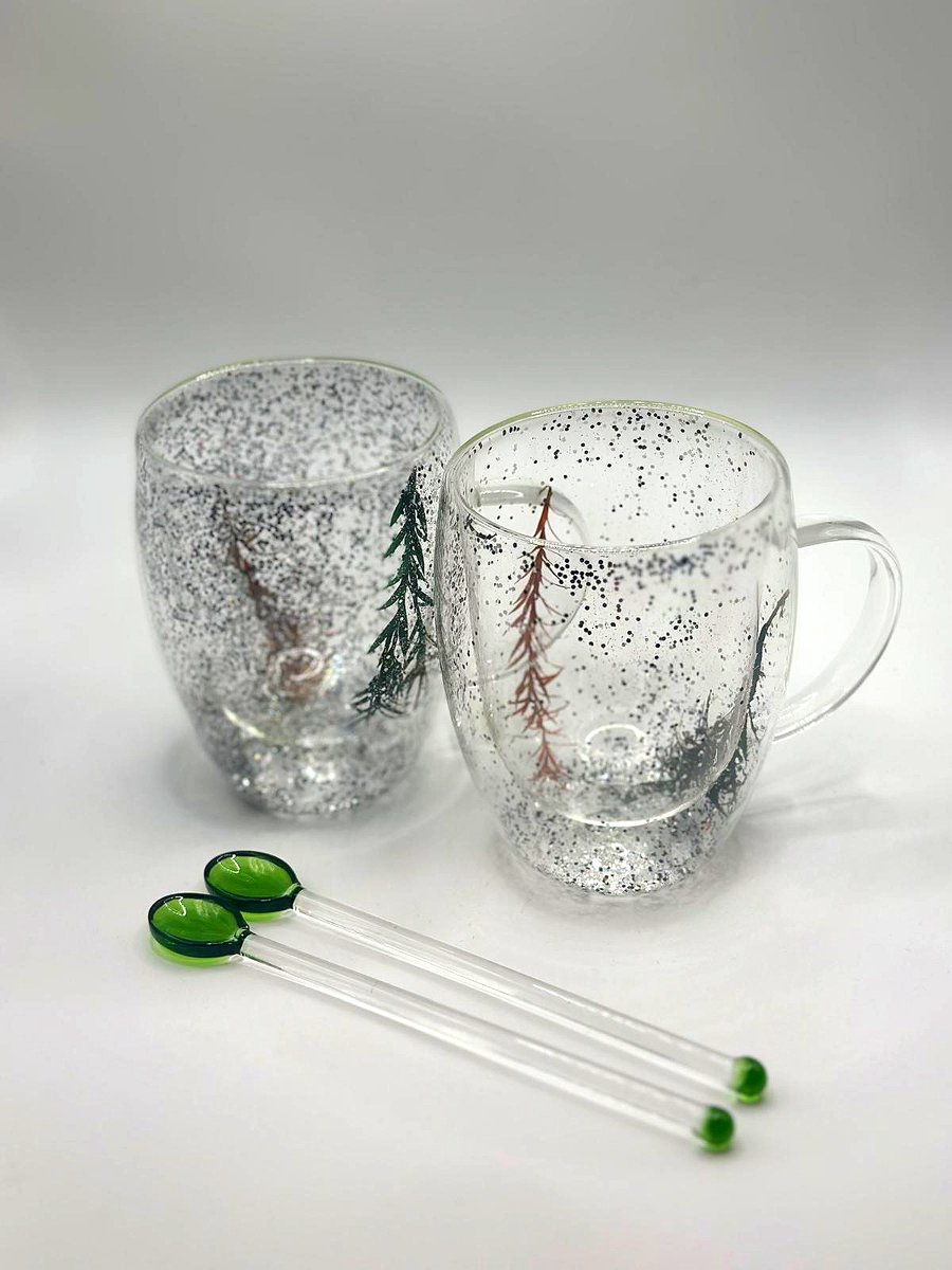 2 Unieke handgemaakte dubbelwand Koffie en Theeglazen met gedroogde bloemen - 350ml - Inclusief 2 x Lepels - Latte Macchiato Glazen - Cappuccino Glazen - Koffieglazen