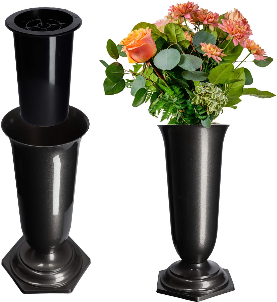 KADAX Grafvaas, vaas van kunststof, bloemenvaas, kunststof vaas voor bloemen, weerbestendige begraafplaats-vaas, vorstbestendige steekvaas voor graf, weerbestendige grafdecoratie, 15 cm, grafiet