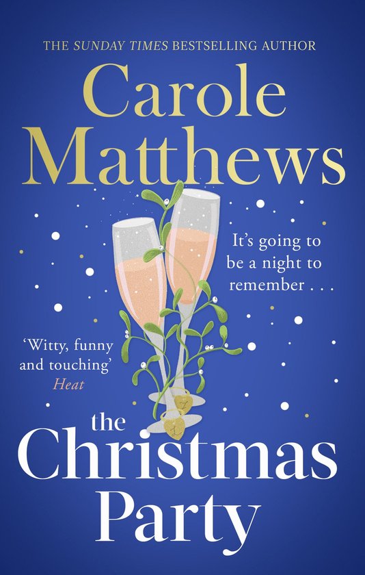 Boekomslag van 'The Christmas Party' van Carole Matthews met twee champagneglazen en kerstversiering.