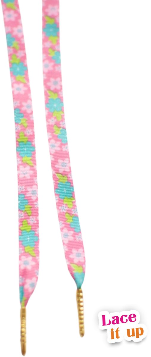 Schoenveters plat - bloemen roze met blauw - 120cm met gouden nestels veters voor wandelschoenen, werkschoenen en meer