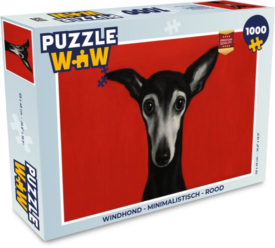 Boîte d'un puzzle de 1000 pièces d'un lévrier noir aux grands yeux sur fond rouge. Le côté affiche 'PUZZLE W+W' et les dimensions.