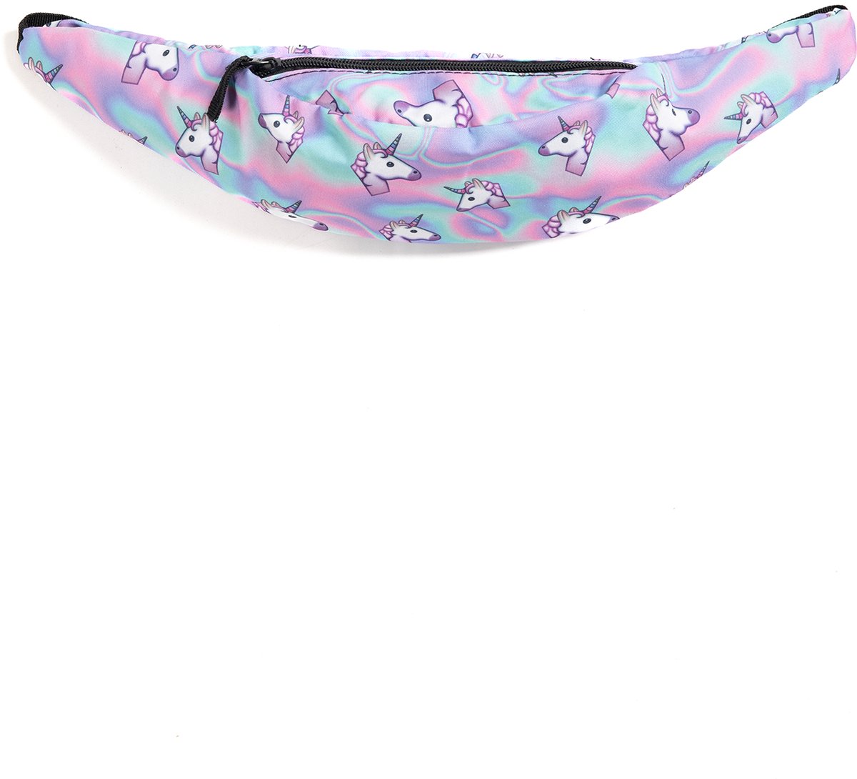 KIMU® Heuptas Eenhoorns Olie Patroon - Fanny Pack Met Voorvak - Zwarte Band - Tasje Heuptasje Unicorn Roze Paars Blauw Festival