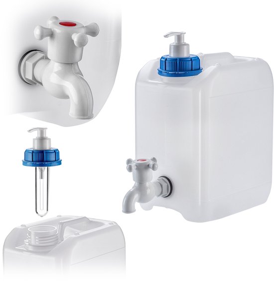 KADAX Bidon d'eau avec robinet de vidange, réservoir d'eau avec sortie d'eau, bidon avec robinet intégré et distributeur de savon, réservoir de camping, bidon de voyage (5 litres)