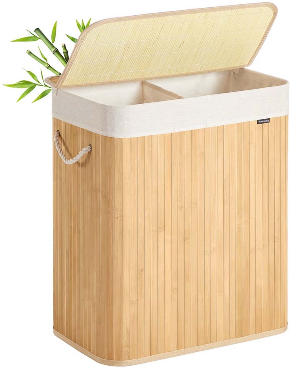 Bamboe wasmand - Met 2 compartimenten en handgrepen – Natuurlijke kleur