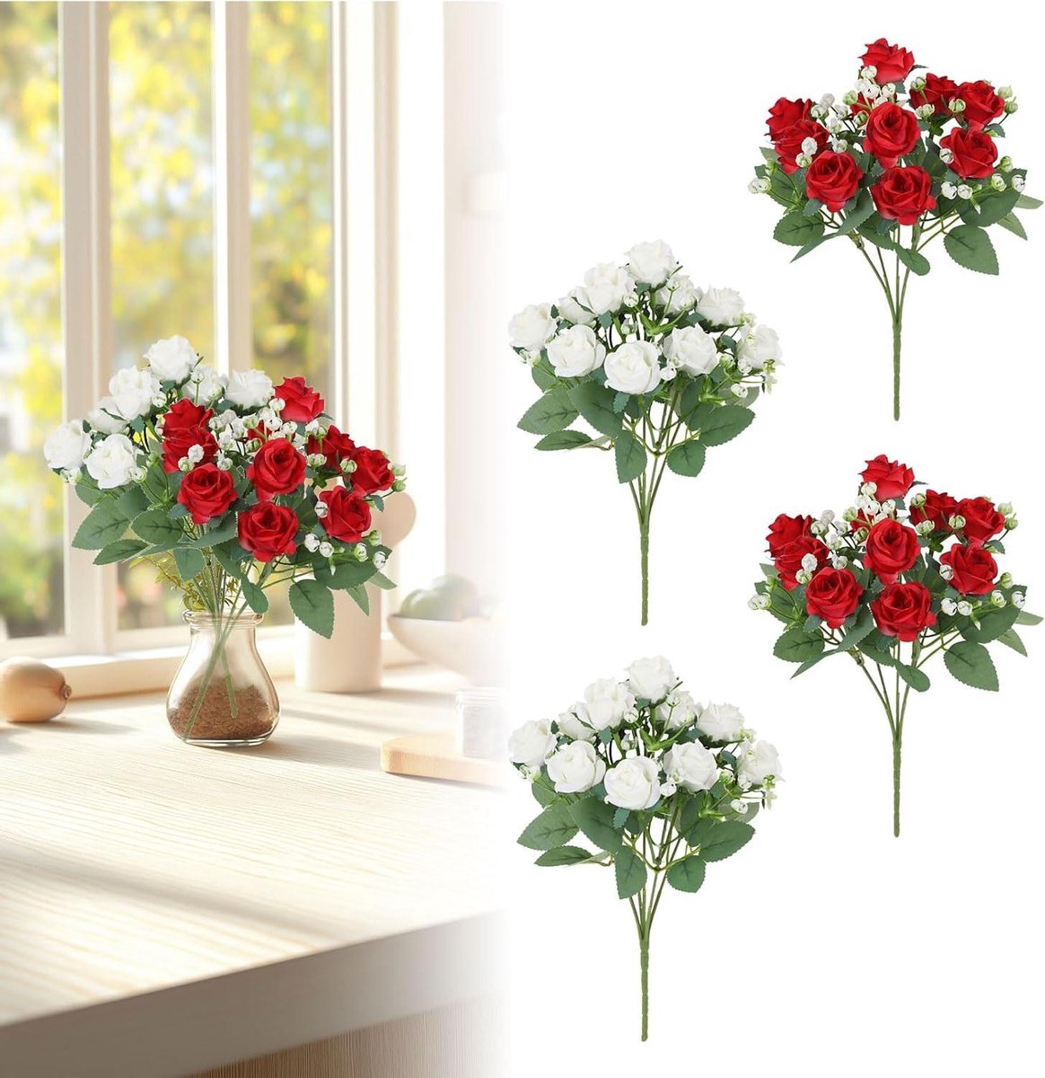 Smoakez - Kunstrozen 4 stuks Foam Rozen Bloemdecoratie DIY Bruidsboeket Tuinfeest Kantoor Decoratie (Wit Rood)