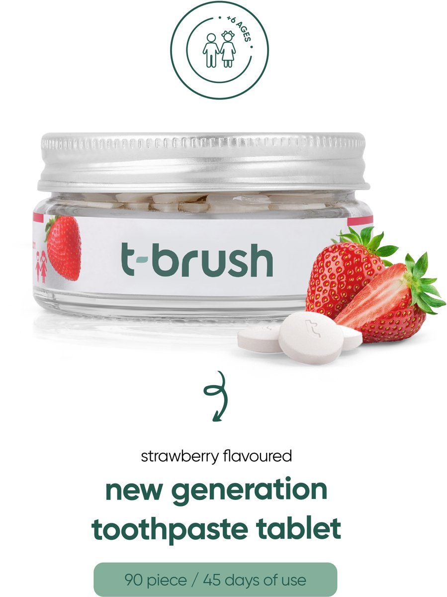 t-brush | Aardbeiensmaak Tandpasta Tabletten - Met Fluoride - 90 Tabletten - Geschikt voor Gevoelige Tanden - Vegan – Zero Waste – Gluten Free
