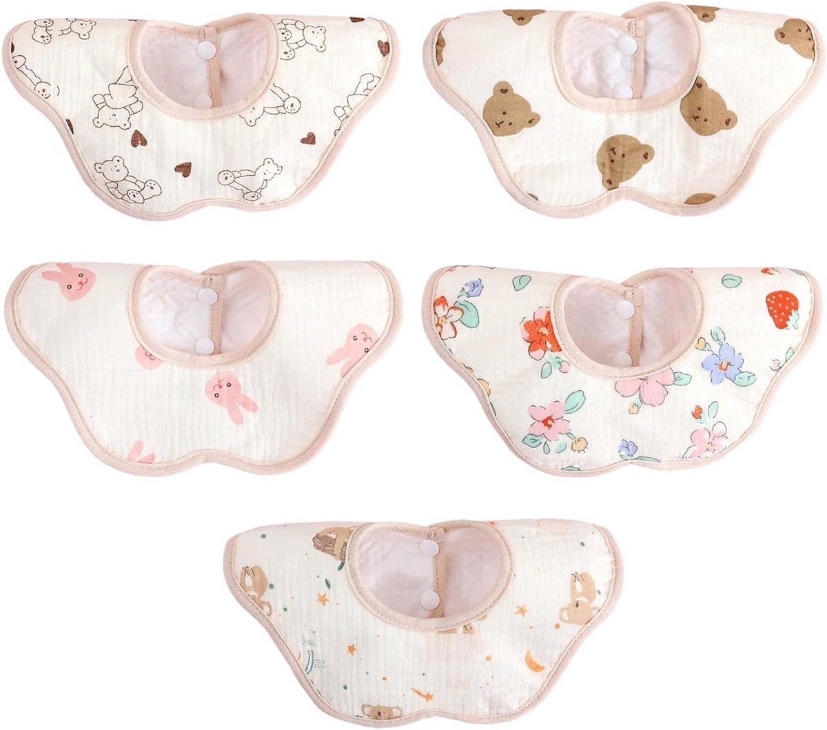Allecto Premium - Absorberende Katoenen Slabbetjes voor Meisjes en Kinderen - Set van 5 - Katoen Golf Mousseline - Bijtslabbetjes Kwijlslabbetjes - Verstelbare Drukknopen - Pasgeborenen