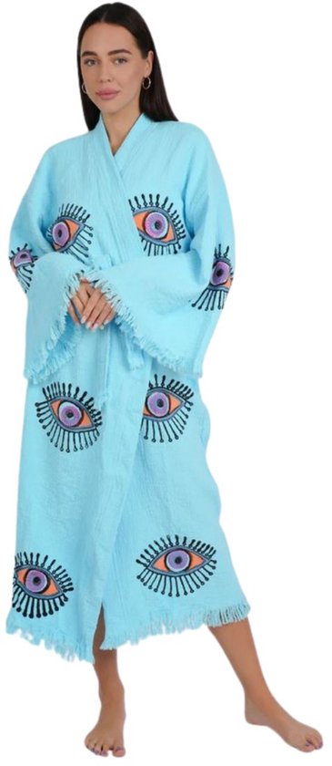 Kimono dames - 100% biologisch katoen - sauna badjas - zomer badjas - absorberend - handgemaakt - aquablauw