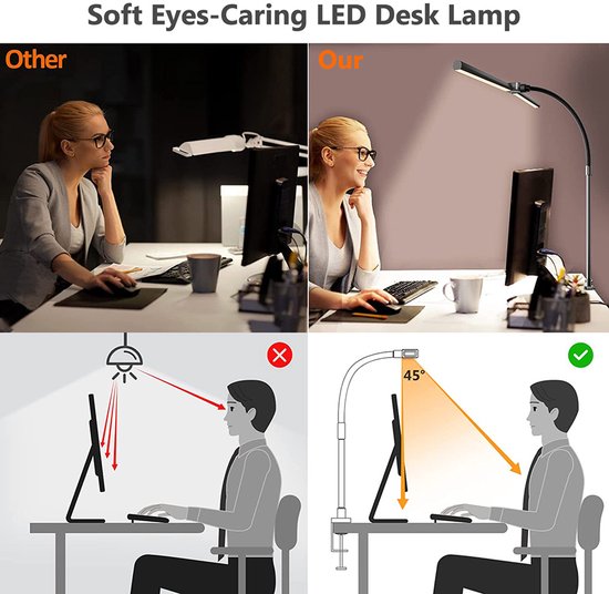 Rosnek Bureaulamp - 24W Bureaulamp LED Dimbaar met Dubbele Kop - Flexibele zwanenhalslamp Bureaulamp met Klem - 5 Dimniveaus & 5 Kleurtemperaturen Bureaulamp met afstandsbediening (3200-6500K) - Hoge Tafellamp voor Thuis, Kantoor, Lezen en Studeren van Rosnek — afbeelding 3