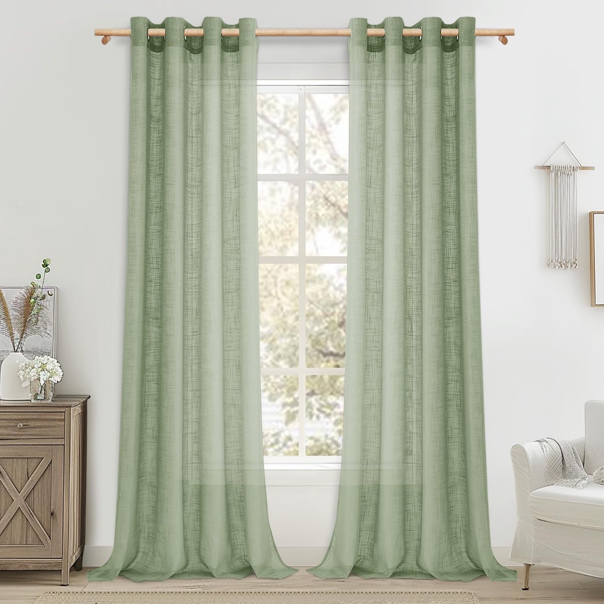 Ibenzoa® Gordijnen met Ingestanste Ringen in Linnenlook - Saliegroen Set van 2 voor Woonkamer en Slaapkamer