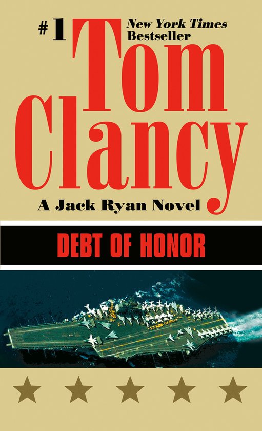 Boekomslag van 'Debt of Honor' door Tom Clancy, een Jack Ryan roman, met een vliegdekschip.