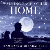 Boekomslag: "Walking Each Other HOME" met een illustratie van een persoon en kat die naar de maan kijken, met sterren en palmbomen.