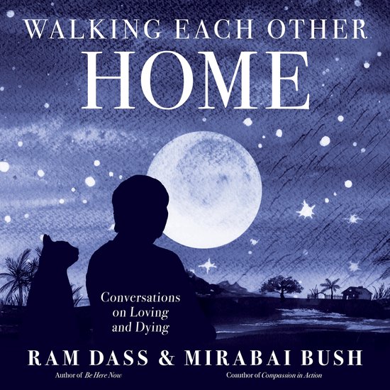 Boekomslag: "Walking Each Other HOME" met een illustratie van een persoon en kat die naar de maan kijken, met sterren en palmbomen.