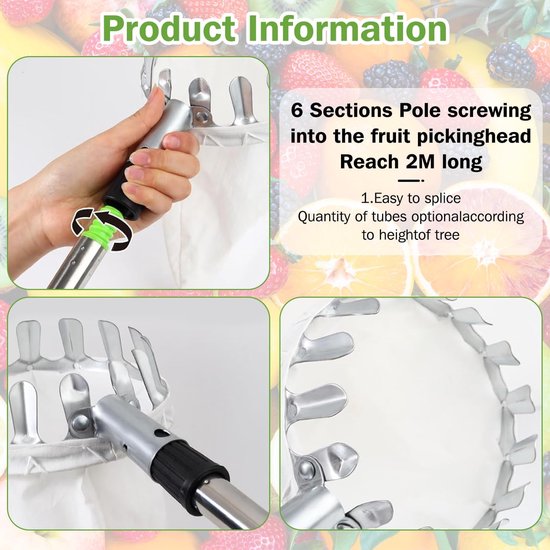 Fruitplukker - fruitplukker met steel - 2M Fruitplukker met telescopische steel -diameter 16 cm Fruitplukker - Met opbergtas -kersen met katoenen tas- Pruimenplukker met telescopische steel- Geschikt voor thuis, boomgaard- tuin- fruitplukker van Merkloos	 — afbeelding 3