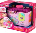 Roze met glitter versierde geheime sieradendoos met hartvormig slot, beelden en tekst "SECRET JEWELLERY BOX WITH MESSAGE RECORDER".