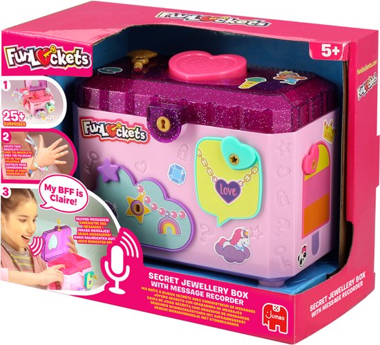 Roze met glitter versierde geheime sieradendoos met hartvormig slot, beelden en tekst "SECRET JEWELLERY BOX WITH MESSAGE RECORDER".