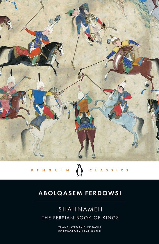 Boekomslag van 'Shahnameh' met een Perzische miniatuur van ruiters te paard met lansen in levendige kleuren.