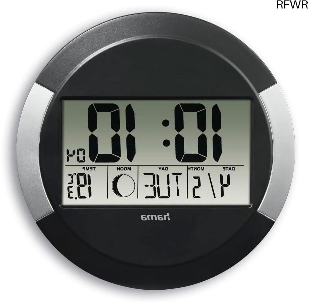 RFWR® Digitale Wandklok met Radio en Thermometer - Radioklok zonder Tikken, LCD-display, Kalender en Maanfase