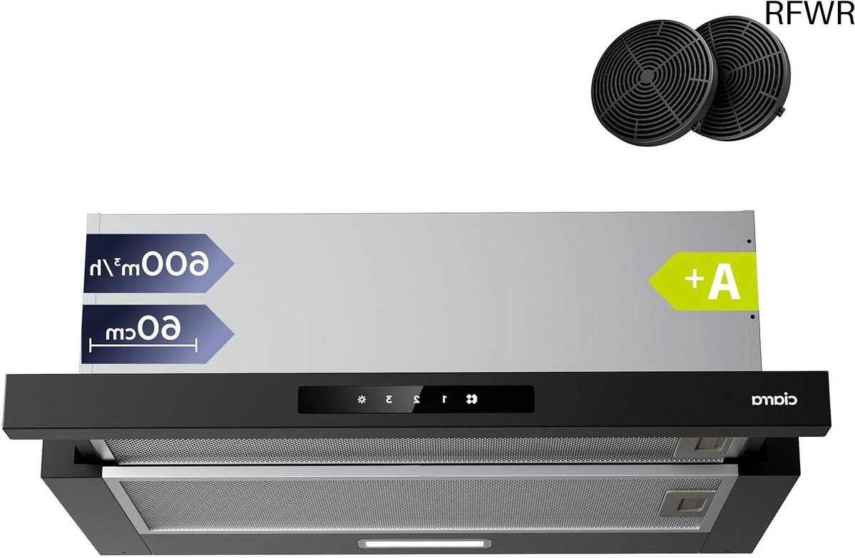 RFWR® Vlakscherm Afzuigkap 60cm met 600m³/u Zuigkracht en Actiefkoolfilter - Ruimtebesparend en Stil