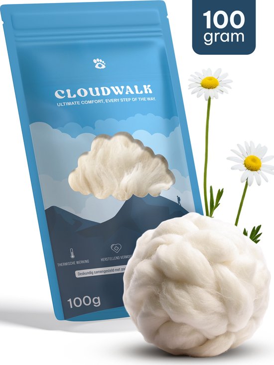CloudWalk 100 Gram Antidruk wol – Wol voor het wandelen – Anti blaren – Rijk aan lanoline (wolvet) - Teenspreiders – Wandel - voetwol - Wol - Wol voor wandelcomfort – 100% Schapenwol - loopwol - Voetverzorging